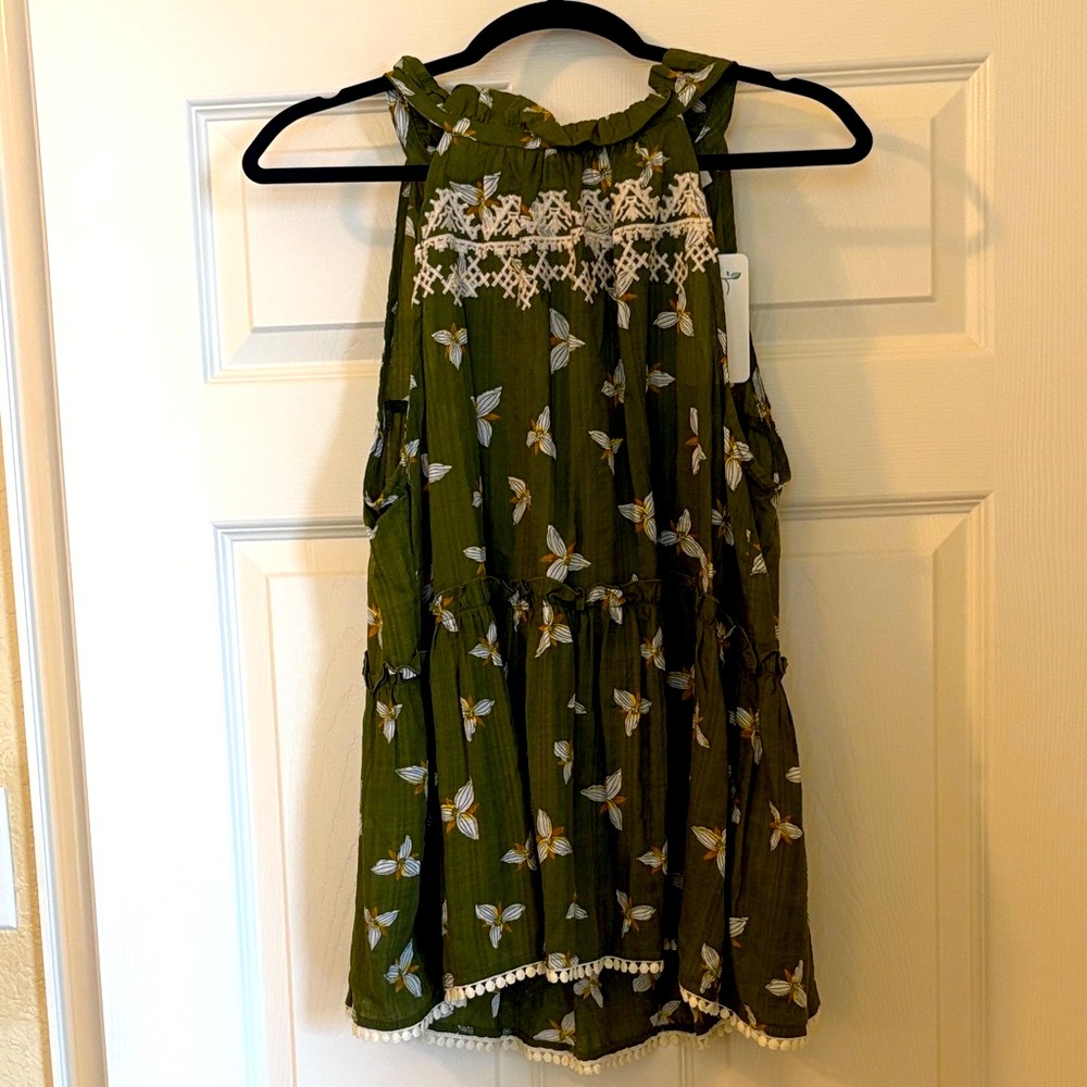 NWT! THML Green Floral & Embroidered Halter Top